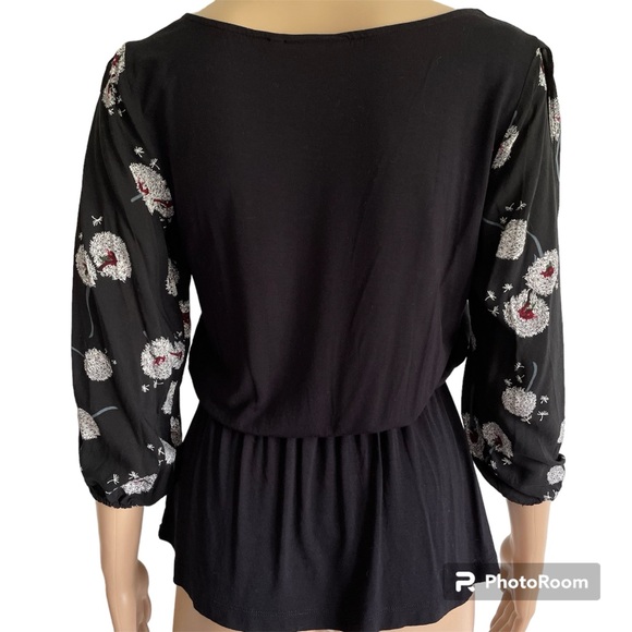 Anthropologie Deletta Black Wished Blooms Crewneck Open 3/4 Sleeve Blouse Top - Picture 6 of 9